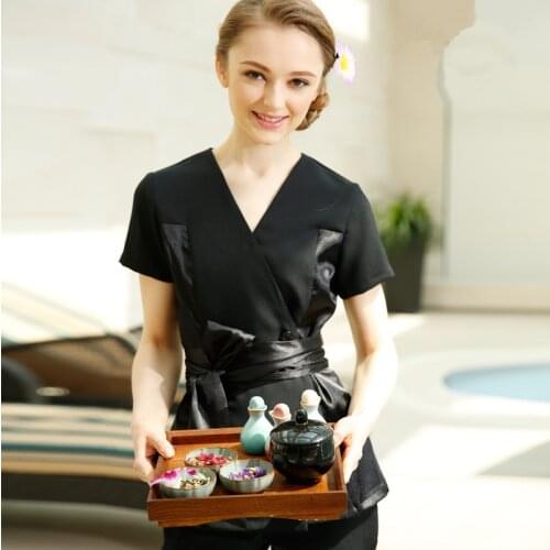 Customize SPA Uniforms 2020 New Black Patchwork Grace V-neck Blouse+Pants Tea Hall Uniform Clothes Slim Fit Salon Clothing