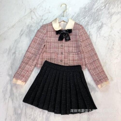 Wind womens powder tweed Black Sequin bow doll collar Long Sleeve Jacket pleated skirt suit