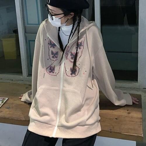 New Gothic Fashion Womens Butterfly Print Hoodies Long Sleeve Zip Up Loose Sweatshirts with Pockets