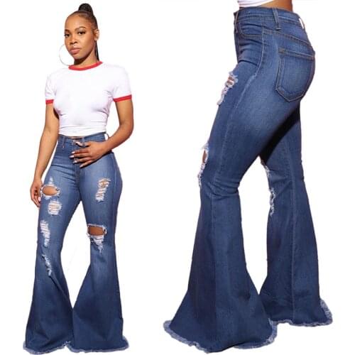 Women Bell Bottom Jeans Sexy Ripped Hole Hollow Out Stretch Skinny Denim Pants Woman Fashion Slim Tassel Flare Jeans Streetwear