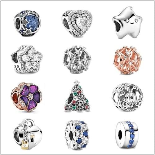 Authentic 925 Sterling Silver Rose Sparkling Snowflake Pave Charm Bead Fit Women fashion Bracelet & Necklace Jewelry