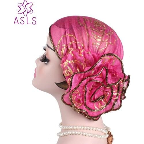 2018 New Women Elegant king Flower Elastic Mesh Turban Chemo Cap Beanie Head Wrap Head Muslim Scarf for Hair Loss Hijab Hat