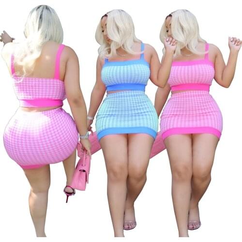 Summer New Women Two Piece Set Plaid Color Print Tank Top and Skirt Plus Size Women 2 Piece Sets Outfits