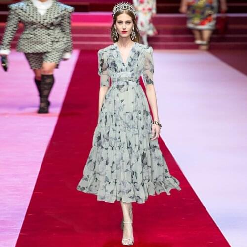 Runway Summer Short Sleeve V-neck Elegant Printed Chiffon Dress Womens Dress 210602MZ01