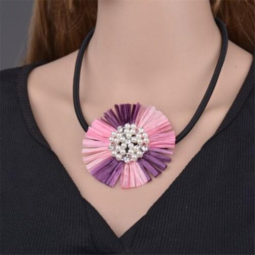 Charms Leather Chain Chokers Necklace For Women Collier Gifts Pearl Lafite Flowers Pendant Necklace Ethnic Personality Jewelry