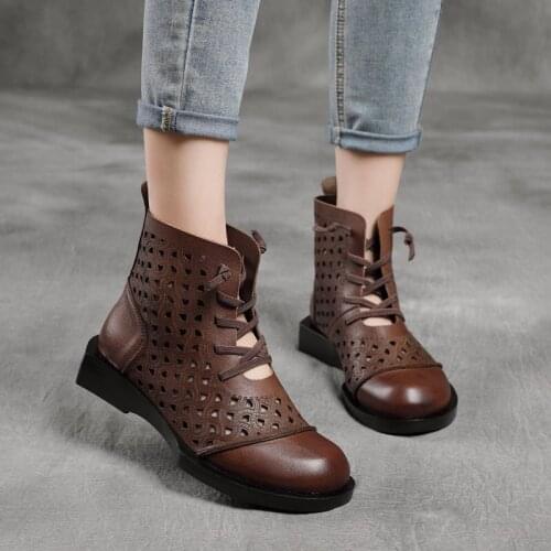 Summer New First Layer Cowhide Hollow Boots Handmade Retro Round Toe Flat Heel Short Boots Breathable Ladies Single Boots