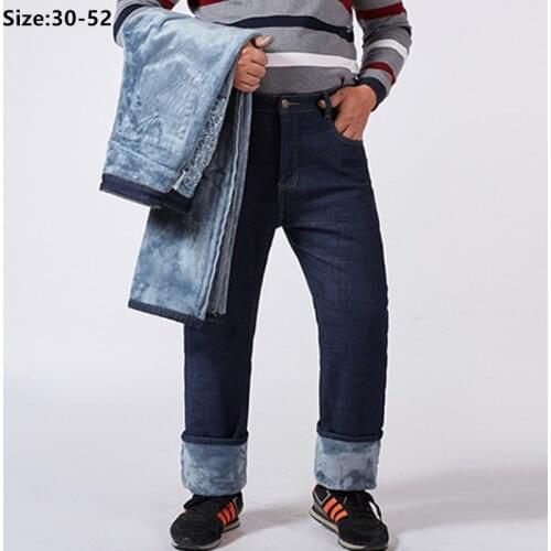 Jeans Men Winter Warm Straight Loose Pants Thick Denim Fleece Stretch Plus Size 44 46 48 50 52 High Waisted Large Man Trousers
