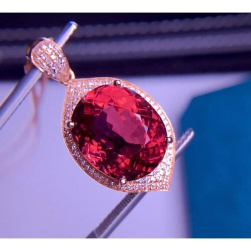 E401 Tourmaline Pendant Fine Jewelry Real 18 K Gold 100% Natural Rubi Tourmaline 9.2ct Gemstones Diamond Pendant Necklace