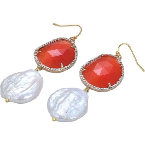 GG Jewelry Natural Pearl Cultured White Keshi Pearl Orange Crystal Cz Paved Hook Dangle Earrings Lady Girl Gift Jewelry