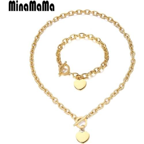 Stainless Steel Chain Heart Jewelry Sets For Women OT Clasp Peach Heart Charm Toggle Necklace Bracelet Set