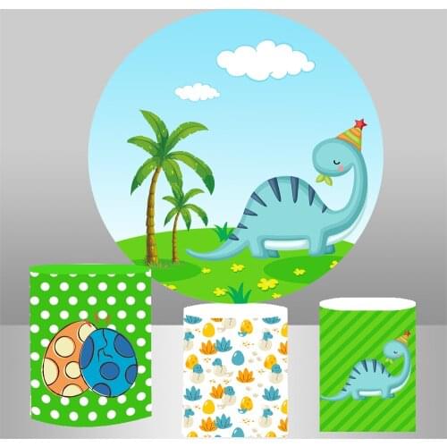 Circle Background Baby Shower Round Backdrop Cartoon Dinosaur Birthday Party Candy Table Banner Cylinder Plinth Cover Elastic