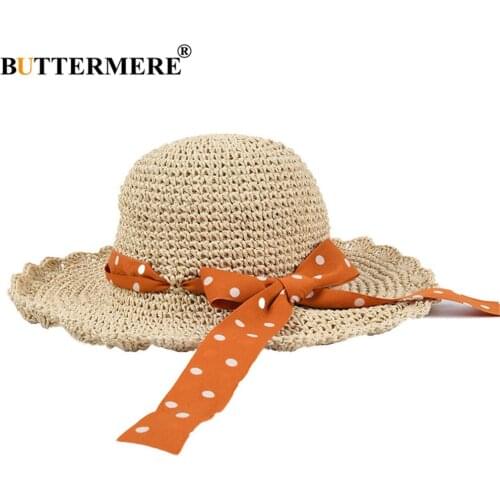 BUTTERMERE Summer Sun Hat Straw Hat for Women Foldable Wide Brim Dot Bowknot Elegant Ladies Vintage Beautiful Casual Beach Cap