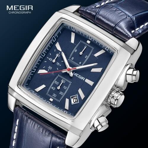 Megir Men Blue Watches Luxury Casual Rectangle Watch Man Leather Strap Chronograph Quartz Wristwatch Часы мужские Relogio Reloj