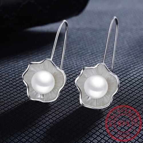 Fashion Big 925 Sterling Silver Pearl Earrings For Women Wedding Jewelry Statement Lotus Flower Earrings Pendientes Bijoux