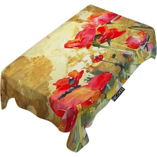 Original Abstract Art Floral Watercolor Poppy Flower Gold Botanical Countryside Fashion Polyester Fabrics Tablecloth