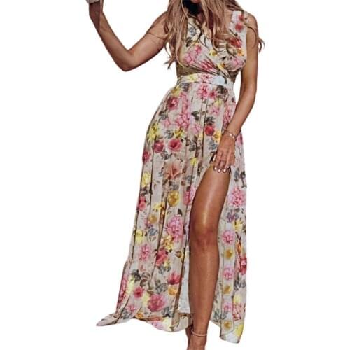 Summer Dress Women Dresses Bohemian Midi Dress Flower Printing Sleeveless Polyester Split Design Dress Streetwear robe femme