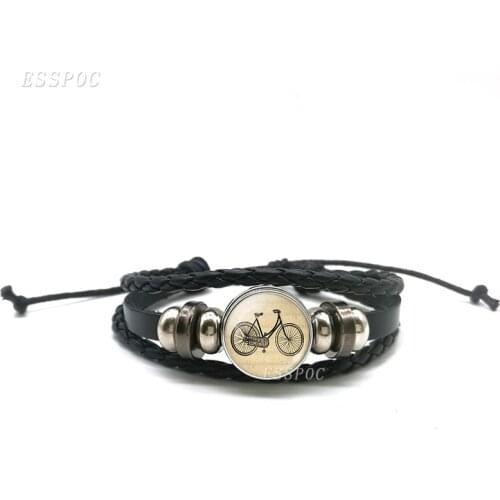 Antique Bicycle Black Button Braided Woven Leather Bracelets DIY Glass Cabochon Creative Best Firends Accessories Gift