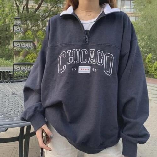 Dark Blue CHICAGO Printing Zip Up Collar Women Sweatshirt Vintage Fashion Oversized Loose Casual Women Streetwear Long Sleeve