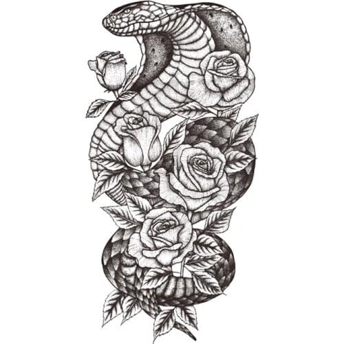 Temporary Tattoo Stickers Sexy Rose Flower Branches and Leaves Cobra Fake Tattoos Waterproof Tatoos Arm Large Size for Women Men