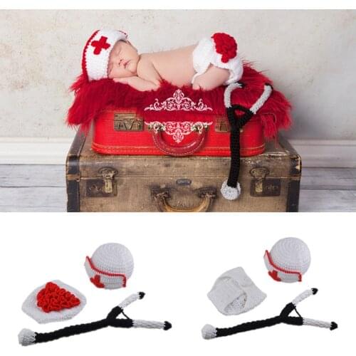 Crochet Baby Girl Nurse Costume Knitted Baby Hat Beanie Newborn Photography Props New Born Coming Home Outfit for Photo Shoot