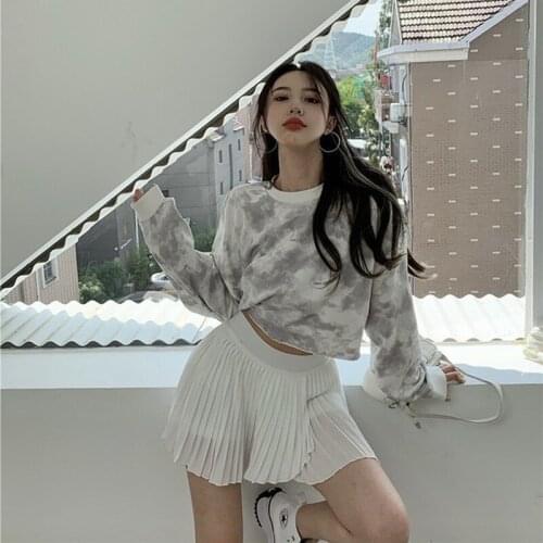 Women No Hat Short Hoodies Tie Dye Sweatshirts O-neck Casual Loose Spring Autumn Outwear Sexy Korean Style Fashion Chic Ulzzang