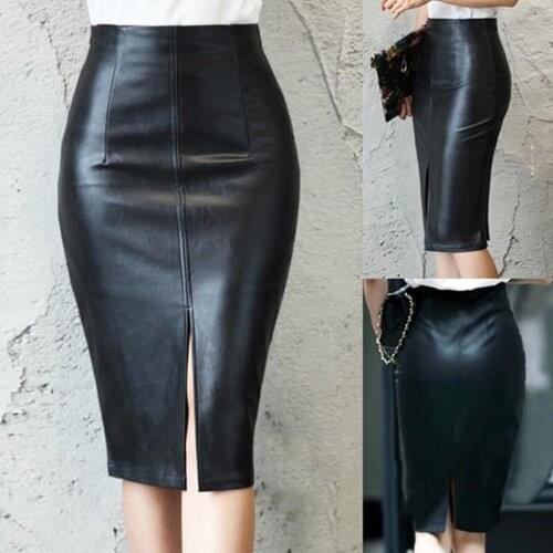 Black PU Leather Skirt Women 2020 New Midi Sexy High Waist Split Skirt Office Pencil Skirt Knee Length Plus Size