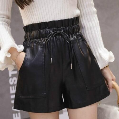 Autumn Winter High Waist PU Leather Shorts Women Elastic Waist Width-leg Shorts Streetwears Female England Style Boots Shorts