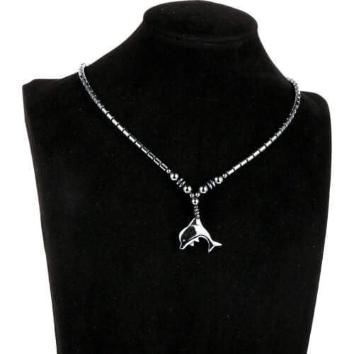 5A Top Grade Black Hematite Cute Animal Dolphin Pendant Necklace For Men Women 45cm Natural Stone Beaded Choker Necklace Jewelry