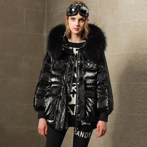 Sequined Down Jacket Womens Mid-Length Winter 2021 Waist Thickened Real Large Fur Collar White Duck Filling Bright Face Coat