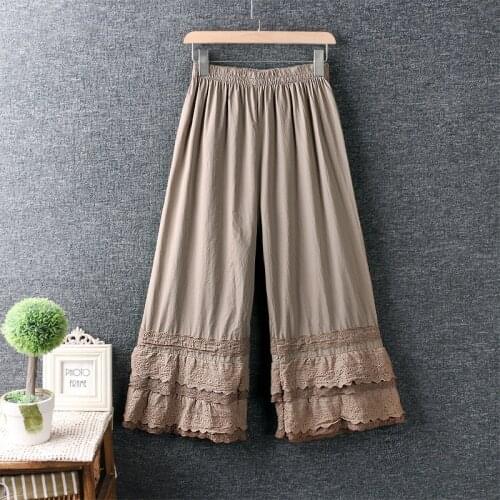 New Spring Women Loose Pants Literary Fresh Elastic Waist Cotton linen Lace Wide Leg Pants