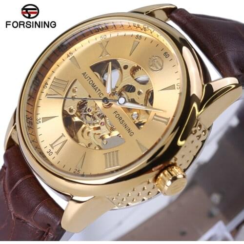 Original FORSINING Leather Relogio masculinos Golden Dial Skeleton Mens Watches Top Brand Luxury Automatic Men Mechanical Watch