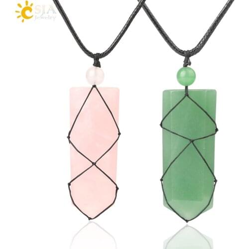 CSJA Sword Natural Crystal Stone Necklaces Arrowhead Pink Quartz Rope Wrapped Healing Pendants for Women Men Trendy Jewelry G641