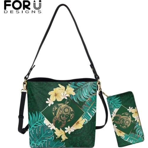 FORUDESIGNS Polynesia Turtle And Hibiscus Print Large Soft Pu Shoulder Bag With Wallet Set Female Luxury Clutch Purse Sac A Main