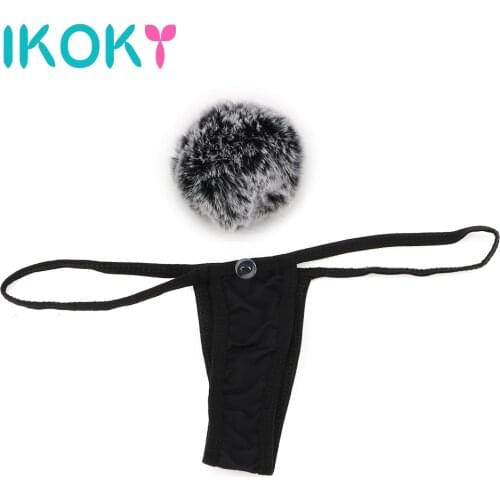 IKOKY T-back Underpants Adult Products Erotic Underwear Sexy Apparel Removable Rabbit Hair Ball Panties G String Cotton Thong