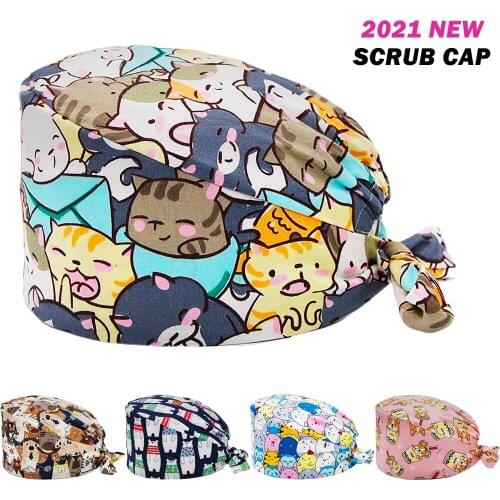 Wholesale Unisex Scrubs Hats 100% Cotton Cat Printing Adjustable Nursing Hat Beauty Salon Pet Shop Working Accessories Scrub Cap