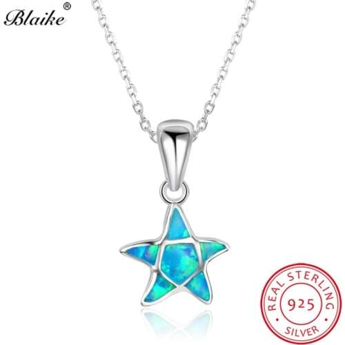 Blaike 100% Real S925 Sterling Silver Star Pendants Fine Jewelry Blue Fire Opal Charm Necklaces For Women Rainbow Choker Jewelry