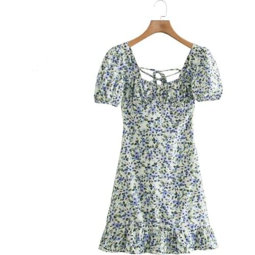 Sexy Floral Print Backless Dresses for Women Bandage Back Puff Sleeve Ruffle Mini Skirt XS-L