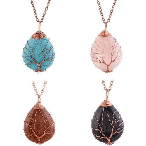 Genuine Stone Wrapped Pendant Teardrop Shape Life Tree Copper Wire Wrapped Pendant Charm with Chain Antique Gold