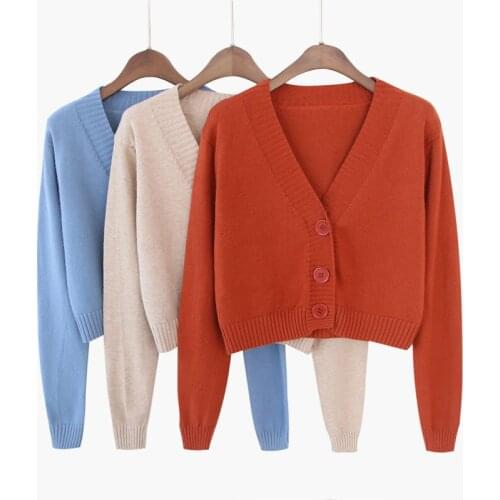 Casual Single Breasted Pink Thin Blouse Corp Cardigan Sweater Autumn Long Sleeve Soft Sexy V Neck Knitted Korean Short Top