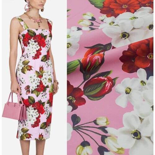 Pink Red Flowers Pure Cotton Fabric For Dress Платье Tissus Au Mètre Telas Por Metro Sewing Ткань Для Шитья Vestidos Coton Diy