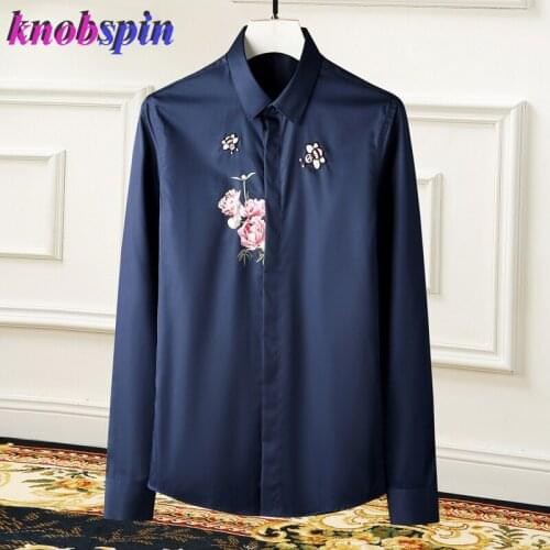 Rose Print Bees Embroidered Men Shirt Tide Brand Business male dress Shirts Slim Casual long sleeve Camisas social masculina 4XL