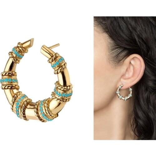 Gold color blue turquoises stone geometric round circle big horn crescent moon stud earring