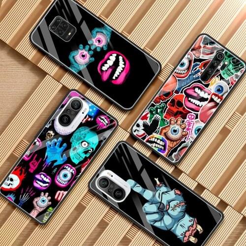 Phone Case For Redmi K40 Pro Plus K30 K20 Note 10 9s 9 8 Pro 9s 9a 9c 8a Glass Bumper Smartphone Skull Hand Eye Catching Art