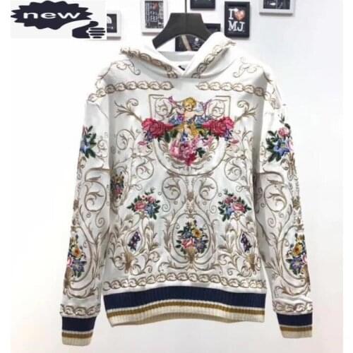 Runway Men Sweatshirt Designer Embroidery Floral Long Sleeve Hoodies Fashion Vintage White Pullover Tops Lovers Streetwear