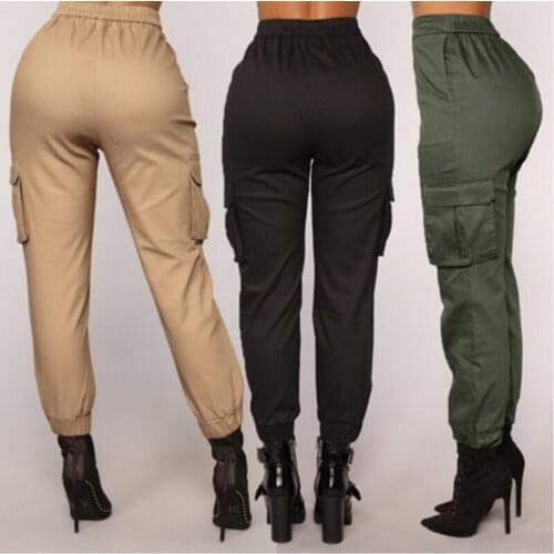 Spring Women Stretch Waist Pants 2020 Military Solid Casual Army Camouflage Camo Cargo Trousers Casual Pants