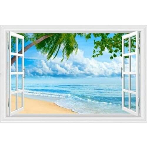 Sea view creative mural Beach Palm Tree 3d fake window art vinyl wall stickers home decoration scenery poster wallpaper 70*50cm