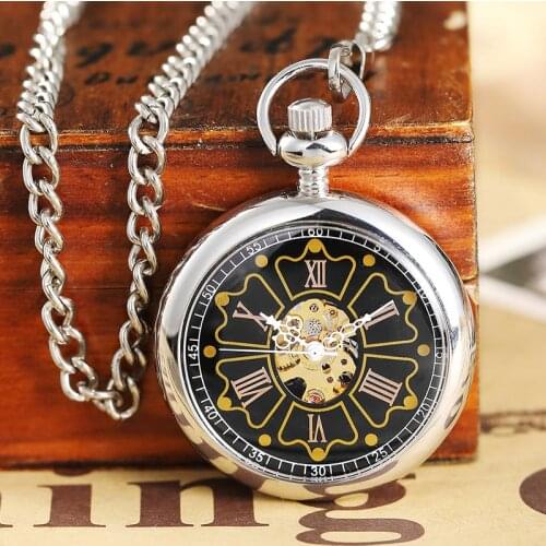 Vintage Silver Steampunk Mechanical Pocket Watch Men Unique Dial Big Roman Numerals Hand Wind Fob Chain Clock Pendant Women Male