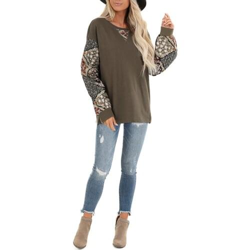 European And American Autumn And Winter 2019 Round Neck Fashion Casual T-Shirt Printed Lantern Sleeve Womens Top Loose Version