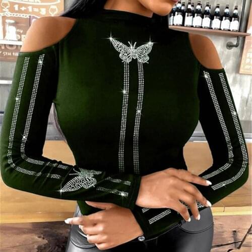 2021 Spring Slim Bodycon Blouse Women Diamond Butterfly Decorate Fashion Elegant O Neck Black Shirt Blusa Lady Pullover Tops