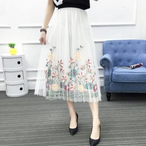 2019 Spring Summer Elastic Waist Flower Embroidery Mesh Midi Skirt Womens A-Line Boho Tulle Big Swing Pleated Beach Skirts